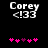 Pixelated text 'Corey <!33' above pink and purple heart symbols on a black background, with animation changing heart colors.