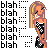 Pixel art buddy icon featuring a cartoon woman with long blonde hair and orange skin wearing a black-and-white checkered outfit, next to repeated "blah" text in bold black font on the left side of the image.