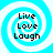 Four identical pixelated icons arranged in a , each featuring a blue and white spiral background with the text "Live Love Laugh" in dark brown
