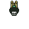 Pixel art character with black head, red eyes, green mouthpiece, and golden antennae; wings alternate between purple bat-like shapes and no wings.