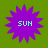 Four identical purple starburst shapes with cyan text "SUN" on a green background, arranged in a