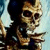 Pixelated skeletal figure with dark hair, brown and beige skull tones, holding a sword against light blue background.