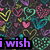 Pixelated heart shapes in multiple colors on a dark background with purple text reading 'i wish' and pink text reading 'he wuved'.