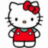 Pixelated cartoon character with white face, black eyes, brown nose, red bow, red overalls with green collar, and gray limbs.