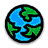 Pixelated circular icon with black border showing blue water and green landmasses on a globe-like sphere.