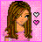 Pixelated image of a person with long brown hair wearing pink clothing, set against a pink checkered background with two heart symbols.