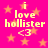 Pixelated text and stars on a bright pink background with orange stars and yellow text reading "i love hollister <3" in two identical sections.