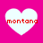 Four white heart shapes on a bright pink background, each containing red pixelated text reading "montana".