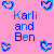 Pixelated pink background with blue text reading 'Karli and Ben' surrounded by four pixelated heart shapes.