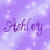 Pixelated purple background with white speckles and the name 'Ashley' in stylized cursive text.