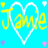 Yellow 'Jamie' text inside white heart outlines on cyan background with scattered small hearts.