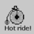 Pixelated grayscale icon of a stopwatch with pendulum, below which is text reading 'Hot ride!' in blocky font.