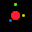 A red circular shape with smaller colored squares around it shifts positions across against a black background