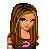 Pixel art contact sheet showing three distinct frames of an animated icon featuring a cartoon woman with long brown hair, pink accessories, and text elements.