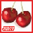 Six identical pixelated cherry pairs with 'JUICY' text in red block letters on white backgrounds, each framed by a thin red border.