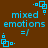 Brown background with repeated cyan pixel art elements including stacked squares, dots, and text reading 'mixed emotions =/' in a retro digital style.