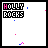 Animated icon with 'HOLLY ROCKS' text at top, shifting pink and blue pixel patterns forming X shapes and scattered dots on white background.