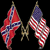 Two pixelated flags with red, white, and blue colors on a black background; left flag has diagonal stripes and stars, right flag has horizontal stripes.