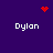 Purple background with four white 'Dylon' text labels and three red pixelated symbols: a heart, a starburst, and a cluster.