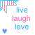 Pixel art icon with blue and pink text 'live laugh love' under a decorative banner, featuring two heart variations.