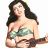 Pixelated image of a woman in a bikini top holding an object, next to green text on dark background.