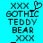 Pixelated icon with cyan background, black text reading 'XXX GOTHIC TEDDY BEAR XXX', and a heart symbol above the first 'XXX'.