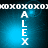 A vertical text-based icon with 'ALEX' in white letters on a blue gradient background, featuring pixelated X and O patterns at the top and bottom.