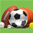 Pixelated soccer ball with black and white panels, orange hair-like shapes on sides, and a yellow object on the right, set against a green background.