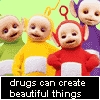 Four Teletubbies characters in colored suits stand against a light green background with a black text banner below.