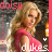 A 48x48 pixel animated buddy icon featuring a blonde woman in a red dress, displayed as two sequential frames on a contact sheet with pink borders and dotted lines.