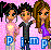 Pixelated cartoon-style icon featuring three characters standing side-by-side against a pink checkered background with blue text "PIMP" at the bottom, rendered in low-resolution 256x256 pixels.