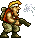 Pixelated character with blonde hair and red sleeveless shirt holding a rifle, standing in a of four identical frames with varying smoke effects