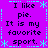 Purple background with cyan decorative borders and repeated text "I like pie. It is my favorite sport." in black pixelated font.