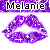 Purple lips with white sparkles and plus signs, labeled 'Melanie' in pixelated text above, displayed in a