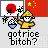 Pixel art image with red sun, Chinese flag, yellow-clad figure holding a sword-like object and bowl of rice, text reading 'gotrice bitch?' at bottom.