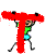 A pixelated figure in green and blue clothing lifts a large red T-shaped object, then shifts to hold it horizontally with arms extended.