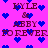 Pixelated pink background with repeated blue hearts and brown text reading "KYLE & ABBY FOREVER" in a pattern