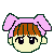 A 2x2 contact sheet of four pixel art frames showing a cartoon character's head with brown hair, pink bows, and changing question marks above the head.