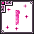 A 4x4 contact sheet of a pixel-art animated buddy icon featuring pink and white colors, with alternating frames showing an exclamation mark, heart shape, and U-shaped symbol surrounded by plus signs.