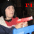 A person in a dark blue and white outfit holds a red object, with changing text above their head across four