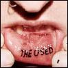 A close-up of a person's mouth with visible teeth, lips, and tongue holding the text 'THE USED' in black capital letters.
