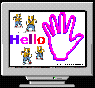 Animated contact sheet of a cartoon cat character performing various poses across nine frames, with text and graphics on computer monitor displays.