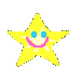 Yellow star-shaped character with blue eyes and pink mouth smiling against gray background.