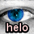 Pixelated eye with blue iris and black pupil above pink text 'helo' on gray background.