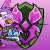 Pixelated character with purple hair and green outfit holding a blue crystal, positioned on a pink background with a shield-shaped pink and green floral design.
