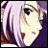 Pixelated anime-style character with light purple hair and red clothing, side profile against dark background with text elements.