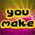 A four- displays text fragments with colored outlines against a pink and yellow gradient background with radiating lines