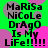 Green background with pink and gray circular shapes, black text reading 'MaRiSa NiCoLe DrAgO Is My LiFe!!!!!' in pixelated font.