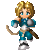 Pixel art character animation frames showing a blonde female warrior in blue armor with bow and arrow, displayed as 2x2 contact sheet of four sequential poses.