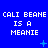 Blue background with repeated white pixelated text 'CALI BEANE IS A MEANIE' in three , interspersed with small light blue plus and cross symbols